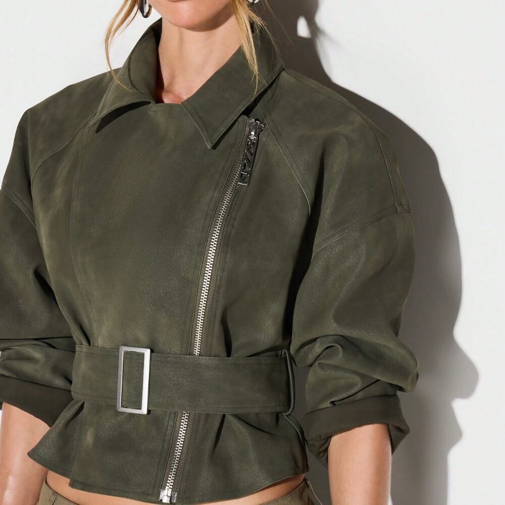Army Green Casual Women's Suedette Biker Jacket - Picture 4 of 7